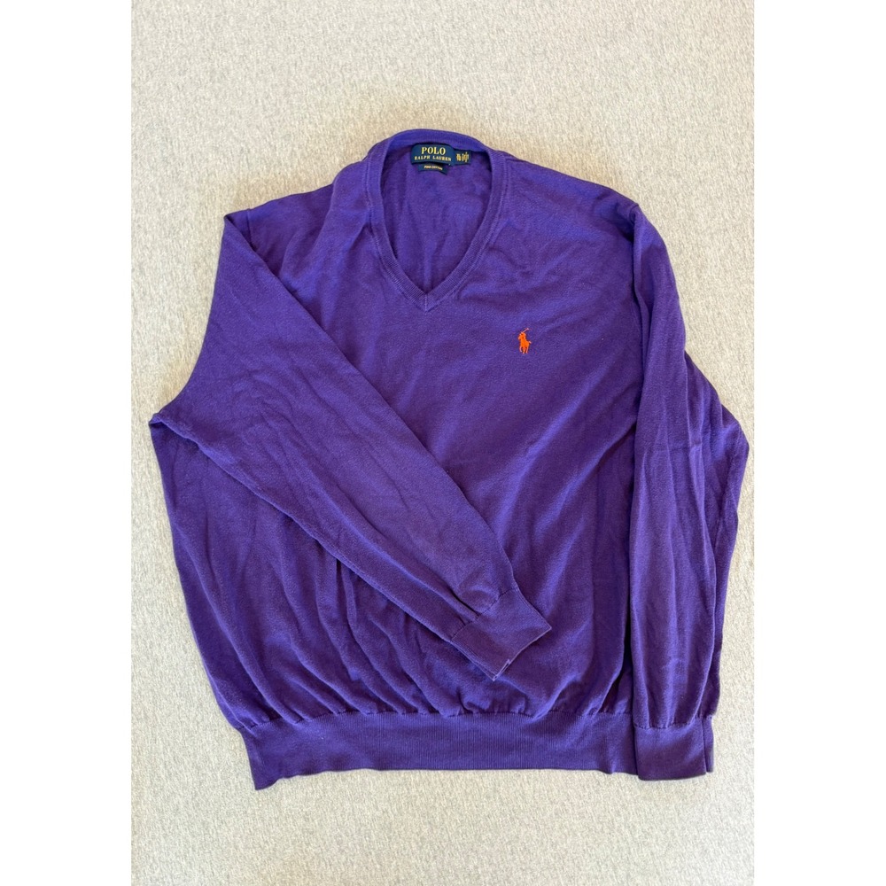 Polo Ralph Lauren Purple Pima Cotton V-Neck Sweater Orange Pony Logo Mens XL